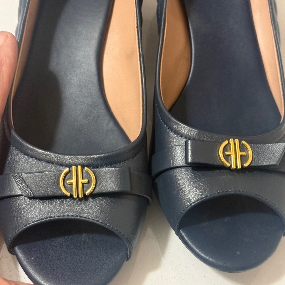 Cole Haan Women's Navy Peep-Toe Flats with Gold Accent - Picture 14 of 16